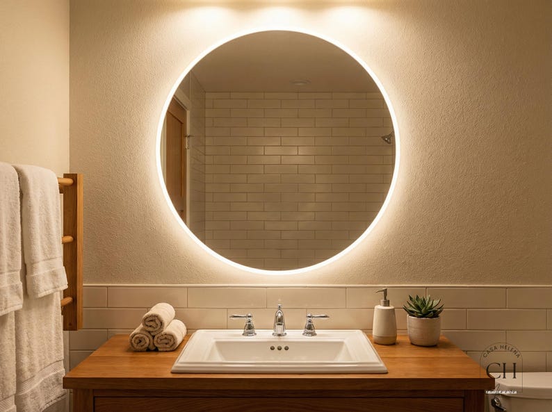 May include: A modern bathroom scene featuring a large, round mirror with integrated lighting. Below the mirror is a white sink with chrome fixtures, a soap dispenser, and a small potted succulent. The vanity is made of wood, and the walls are a neutral color.