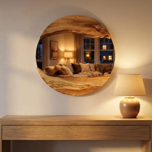 Pu&ograve; includere: Uno specchio rotondo in legno con bordo naturale &egrave; appeso a una parete color crema. Lo specchio riflette una scena di soggiorno accogliente. Un tavolo in legno e una lampada con paralume beige sono posizionati sotto, creando un'atmosfera calda.