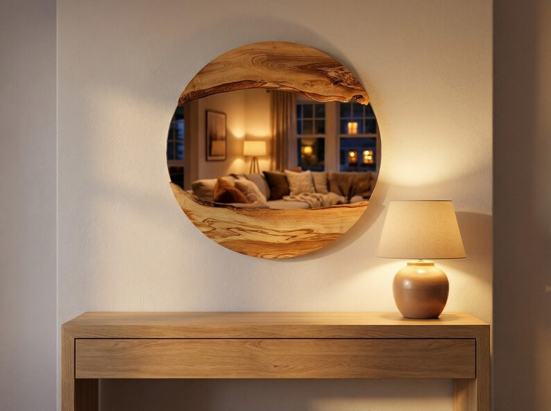 Pu&ograve; includere: Uno specchio rotondo in legno con bordo naturale &egrave; appeso a una parete color crema. Lo specchio riflette una scena di soggiorno accogliente. Un tavolo in legno e una lampada con paralume beige sono posizionati sotto, creando un'atmosfera calda.