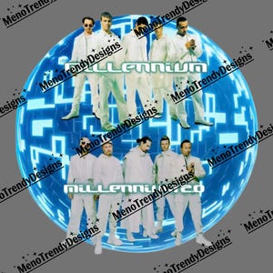 Może przedstawiać: Cyfrowy obraz przedstawiający grupę osób w białych strojach, stojących przed niebieską sferą z napisem "Millennium". Tło ma geometryczny wzór. Obraz ma estetykę retro.