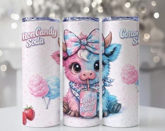 Fluffy Highland Cow Pink and Blue Cotton Candy 20oz Skinny Tumbler Design