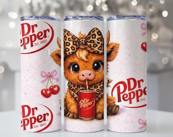 Highland Cow Tumbler Wrap, Drinking Red Soda – 20oz and 40oz Skinny Tumbler Digital Design