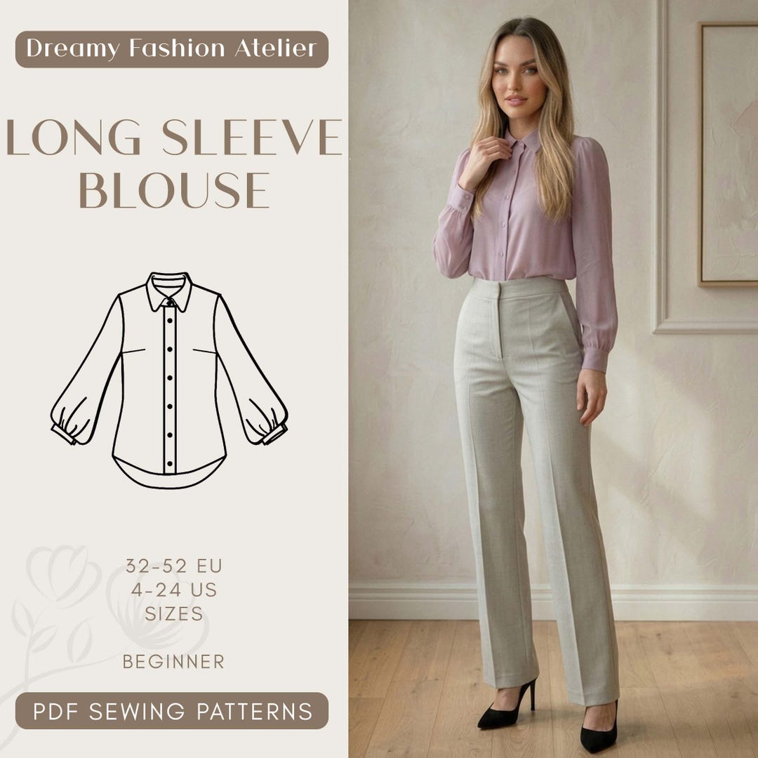 Long Sleeve Blouse Shirt Sewing Pattern PDF, Button up Shirt Pattern ...