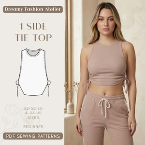 Könnte beinhalten: Eine Frau trägt ein mauvefarbenes geripptes Crop-Top und eine passende Jogginghose mit weißen Streifen. Das Top hat Bindedetails an den Seiten. Das Bild enthält eine Musterillustration und den Text "1 SIDE TIE TOP" und "PDF SEWING PATTERNS".