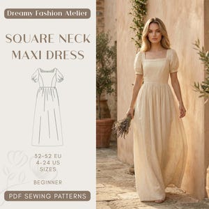 Könnte beinhalten: Ein beiges Maxikleid mit quadratischem Ausschnitt und kurzen Puffärmeln. Das Kleid hat ein eng anliegendes Oberteil und einen fließenden Rock. Das Bild enthält auch eine Strichzeichnung des Kleides, den Text "SQUARE NECK MAXI DRESS" und "PDF SEWING PATTERNS".