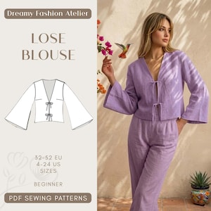May include: A light purple loose blouse and matching pants are shown. The blouse has a V-neck and tie closure. The image also includes a line drawing of the blouse, along with the text "LOSE BLOUSE" and "Dreamy Fashion Atelier".