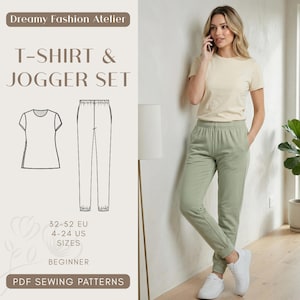 May include: A woman wearing a beige t-shirt and sage green joggers. The image also shows a line drawing of a t-shirt and joggers. Text on the image reads "T-SHIRT & JOGGER SET", "32-52 EU 4-24 US SIZES", and "PDF SEWING PATTERNS".