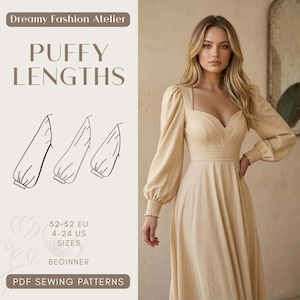 Può includere: Un abito beige con maniche lunghe a sbuffo e scollatura quadrata. L'abito è indossato da una modella. L'immagine include anche un diagramma di modelli di maniche a sbuffo e il testo "PUFFY LENGTHS", "32-52 EU", "4-24 US", "SIZES", "BEGINNER" e "PDF SEWING PATTERNS".