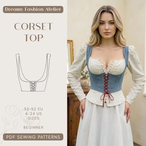 May include: A corset top with a blue bodice and red lacing, paired with a white blouse and skirt. The image includes the text "CORSET TOP" and "Dreamy Fashion Atelier". The pattern is for sizes 4-24 US and is for beginners.