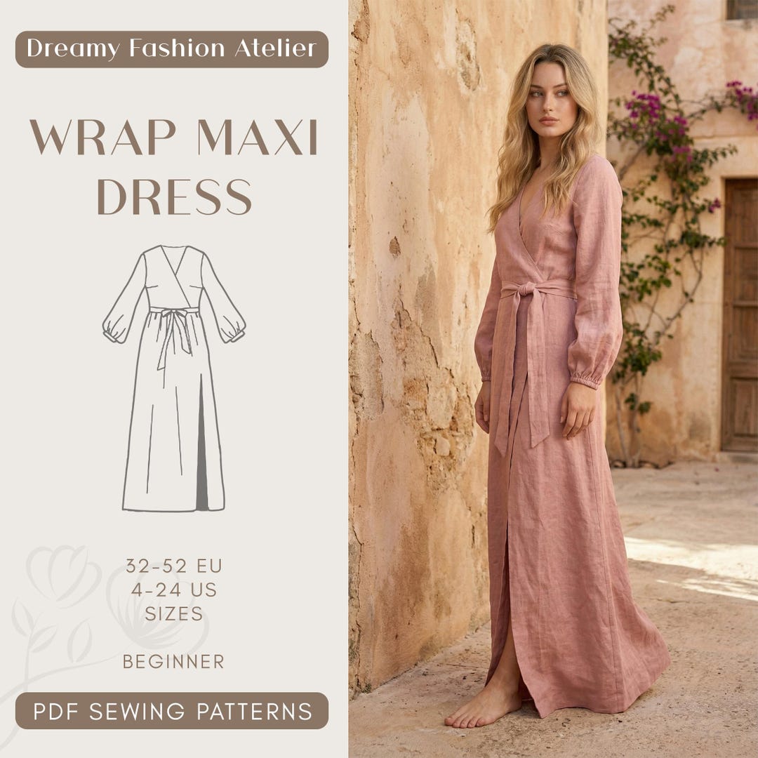 Wrap Maxi Dress Sewing Pattern PDF | Tie Waist Dress Pattern | V Neck ...