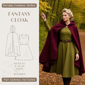 Pode incluir: Uma mulher usando uma capa com capuz bordô sobre um vestido verde, com um cinto marrom. A imagem também mostra um desenho de linha de uma capa e um vestido, com o texto "Fantasy Cloak" e "PDF Sewing Patterns".
