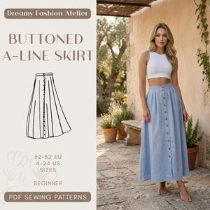 Cottagecore Button Skirt Sewing Pattern with Pockets Women Maxi Skirt Sewing Pattern PDF | High Waisted Long A-Line Skirt | Elegant Formal