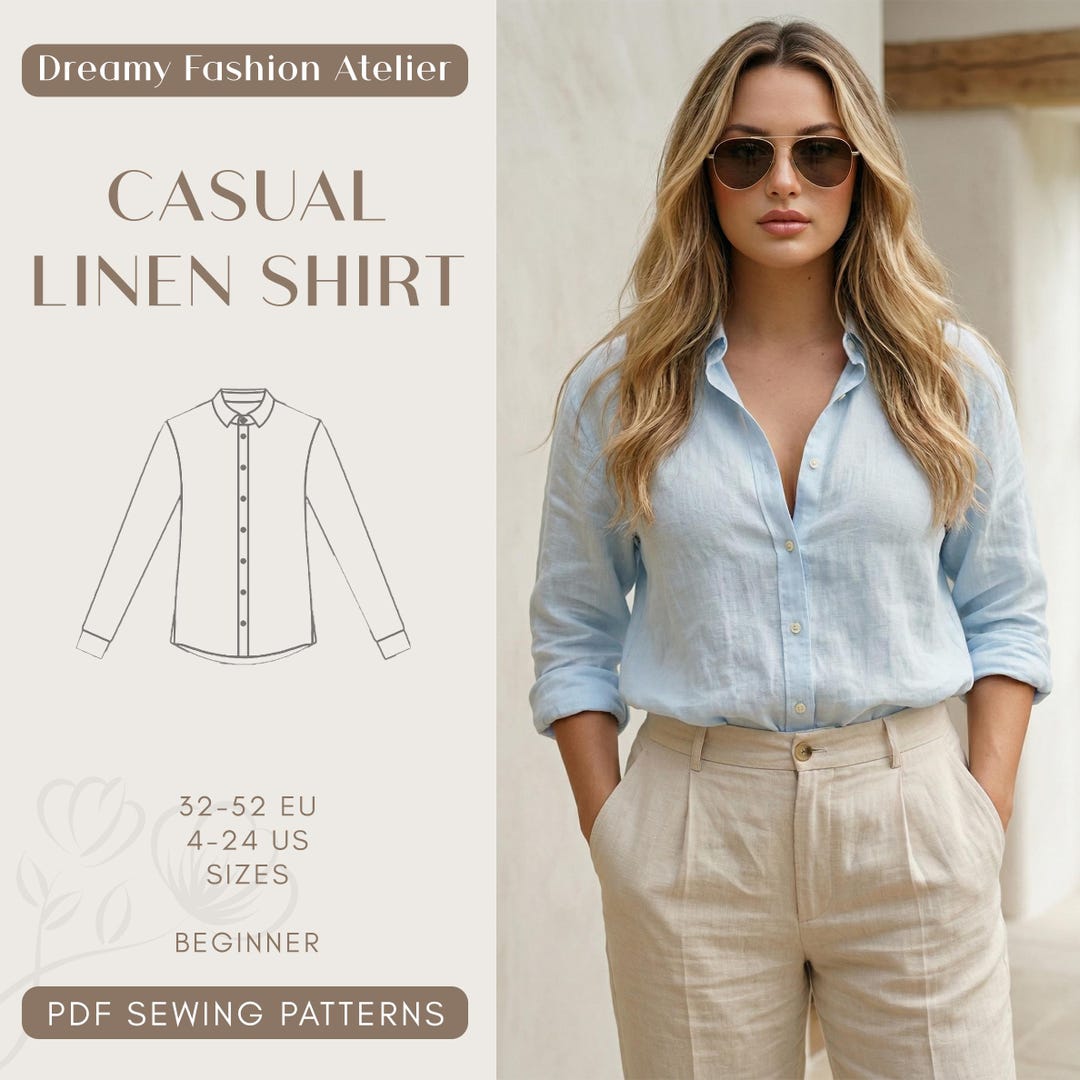 Linen Shirt Sewing Pattern for Women, Long Sleeve Button up Blouse PDF ...