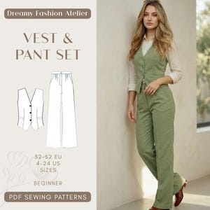 May include: A green vest and pant set. The image includes a diagram of the vest and pants, and a person wearing the outfit. The text on the image says "VEST & PANT SET", "32-52 EU", "4-24 US", "SIZES", "BEGINNER", and "PDF SEWING PATTERNS".