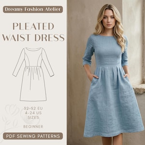 Può includere: Abito a vita alta plissettato azzurro con scollatura a barchetta e maniche a tre quarti. L'abito ha un corpetto aderente e una gonna svasata con tasche. L'immagine include anche un disegno a tratto dell'abito e il testo "Dreamy Fashion Atelier" e "PDF Sewing Patterns."