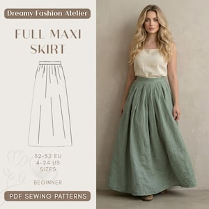 Pode incluir: É apresentada uma saia maxi comprida em verde sálvia suave. A saia é combinada com um top creme. A imagem também inclui um diagrama da saia e o texto "Dreamy Fashion Atelier", "Full Maxi Skirt", "32-52 EU, 4-24 US Sizes", "Beginner" e "PDF Sewing Patterns".