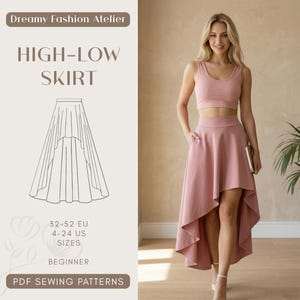 May include: A woman wearing a dusty rose high-low skirt and matching crop top. The skirt has a high front and a low back. The image also shows a sketch of the skirt and text that reads "HIGH-LOW SKIRT" and "PDF SEWING PATTERNS".