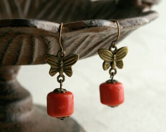 Short vintage jasper earrings with butterfly detail