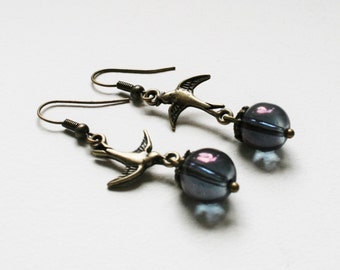 Swallow earrings, bird jewellery, iridescent earrings, petrol earrings
