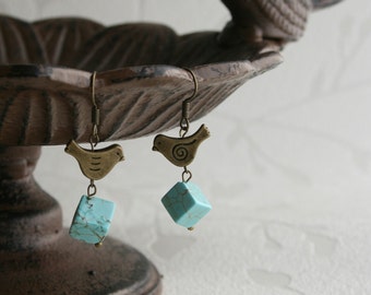 Mint earrings,  short earrings, cube earrings, bird earrings