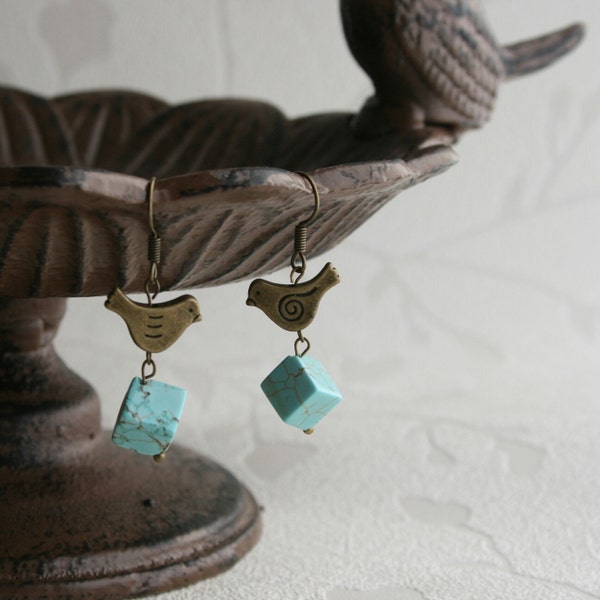 Mint earrings,  short earrings, cube earrings, bird earrings