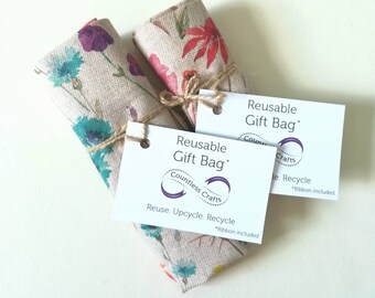 Reusable floral fabric gift bag with ribbon