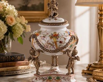 Cherub Porcelain Urn with Bronze Angels, Victorian Lidded Centerpiece, Floral Decorative Urn, Luxury French Style Decor