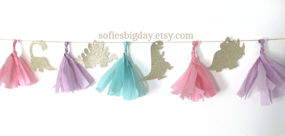 Girl Dinosaur Garland-Girl Dinosaur Banner-Dinosaur birthday-Dinosaur decor-1ST birthday-dinosaur party decorations- Sparkly Dinosaur Party Il_570xn