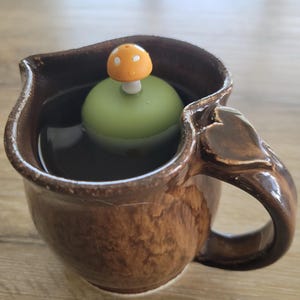 May include: A brown ceramic mug filled with a dark liquid, possibly coffee or tea. A green tea infuser with an orange mushroom-shaped top floats in the liquid. The mug has a unique handle with a leaf-like design.