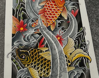 Japanese Koi Fish Tattoo Art Print, Hand Painted Design