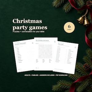May include: A set of three white printable game sheets titled Christmas party games, featuring a word scramble, a word search, and a this or that activity. The text includes Puzzles + conversation for your table, 6 GAMES, and ADULTS + FAMILIES, ANSWERS INCLUDED, PDF DOWNLOAD.
