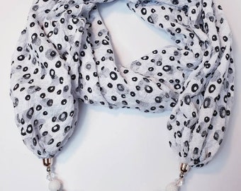 Black and white lace fabric infinity scarf with beaded necklace, present for her