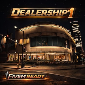 Puede incluir: Imagen iluminada de un concesionario moderno de noche, con el texto "DEALERSHIP 1" en letras doradas sobre el edificio. La palabra "LUXURY" es visible en el escaparate. Las palabras "FIVE M READY" están en la parte inferior.