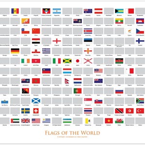 Könnte beinhalten: Ein Rubbelposter mit dem Titel Flags of the World, das ein Raster aus Nationalflaggen zeigt. Unter jeder Flagge steht der Name des Landes in kleiner Schrift, daneben befindet sich eine graue, rechteckige Rubbelfläche zum Freilegen.