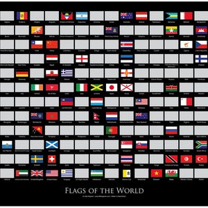 May include: A black scratch-off poster titled Flags of the World featuring a grid of colourful national flags. Each flag is paired with a grey rectangular scratch-off panel and the corresponding country name printed in white text below it.