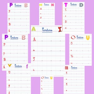 Peut inclure: Plusieurs feuilles d'exercices d'écriture colorées. Chaque feuille présente une lettre de l'alphabet différente, avec des exemples de la lettre en cursive. Les feuilles sont sur du papier ligné, avec les lettres de différentes couleurs.