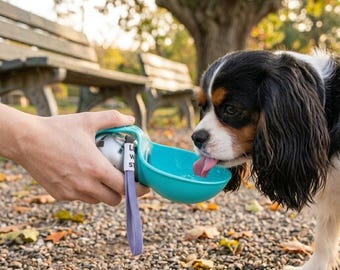 Borraccia pieghevole in acciaio inox per cani, ciotola portatile da viaggio per animali domestici, assemblata a mano in Spagna.