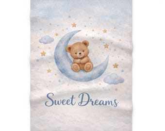 Teddy Bear on Moon Sweet Dreams Baby Blanket | Nursery Cloud Stars