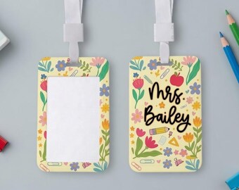 Portatarjetas de identificación para profesores con diseño floral personalizado, portatarjetas con nombre personalizado, regalo de regreso a clases para profesores, regalo de agradecimiento para profesores