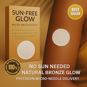 May include: A tan box labeled "SUN-FREE GLOW" with a "MICRO-NEEDLE PATCH" description. A round patch is applied to the arm. The text reads "NO SUN NEEDED NATURAL BRONZE GLOW". A "BEST SELLER" sticker is visible.