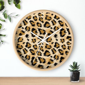Leopard Print Wall Clock | Hand-Painted Safari Pattern, Wood Frame