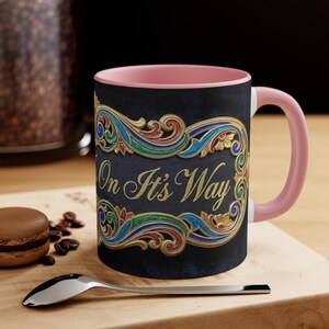 Ornate Scroll Accent Mug | Vintage Charm, Pink Interior Coffee Cup