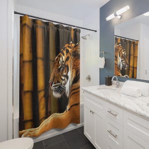Resting Tiger shower curtain | Bengal tiger bathroom decor, bamboo backdrop