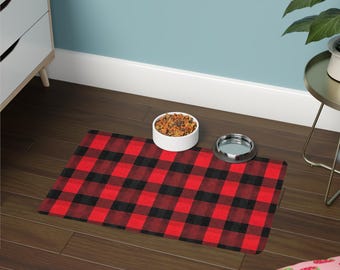 Red Black Buffalo Plaid Pet Food Mat, Non-Slip Feeding Placemat (12x18)