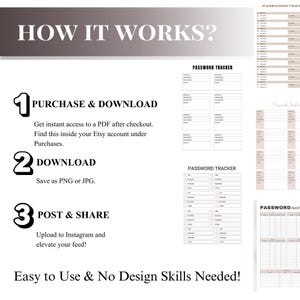 Pode incluir: Um rastreador de senhas digital com um esquema de cores neutras. A imagem inclui instruções: comprar e baixar, baixar como PNG ou JPG e postar e compartilhar. O texto diz "Fácil de usar e sem habilidades de design necessárias!"