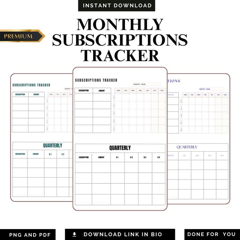 Monthly Subscription Tracker PDF PNG | Recurring Payment Log ...