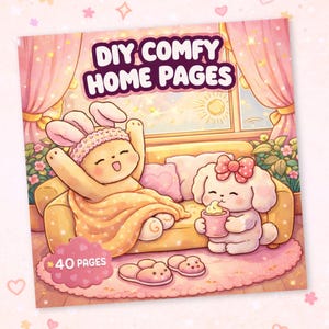 Op de afbeelding: Een roze en witte geïllustreerde boekomslag met de titel "DIY Comfy Home Pages". De omslag toont stripfiguren, waaronder een konijn en een hond, in een gezellige thuisomgeving. Het boek heeft 40 pagina's.