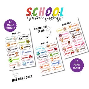 Puede incluir: Un conjunto de etiquetas escolares imprimibles con animales de dibujos animados, comida y dulces coloridos. Las hojas incluyen el texto SCHOOL Name labels, 24 LABELS INCLUDED, PAGE-01, EDITABLE IN CANVA, PAGE-02, BOUNS PAGE, 12 BONUS LABLES y EDIT NAME ONLY.