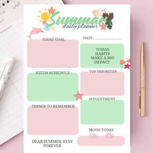 May include: A Summer daily planner with a beach theme. The planner features pink and green boxes for daily tasks, with the words "Today Goal", "Study Schedule", "Things to Remember", and "Mood Today". Decorative elements include a sun, starfish, and a dolphin.