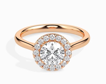 Lab Grown Diamond Halo Engagement Ring | 14K 18K Solid Gold Round Cut Bridal Ring